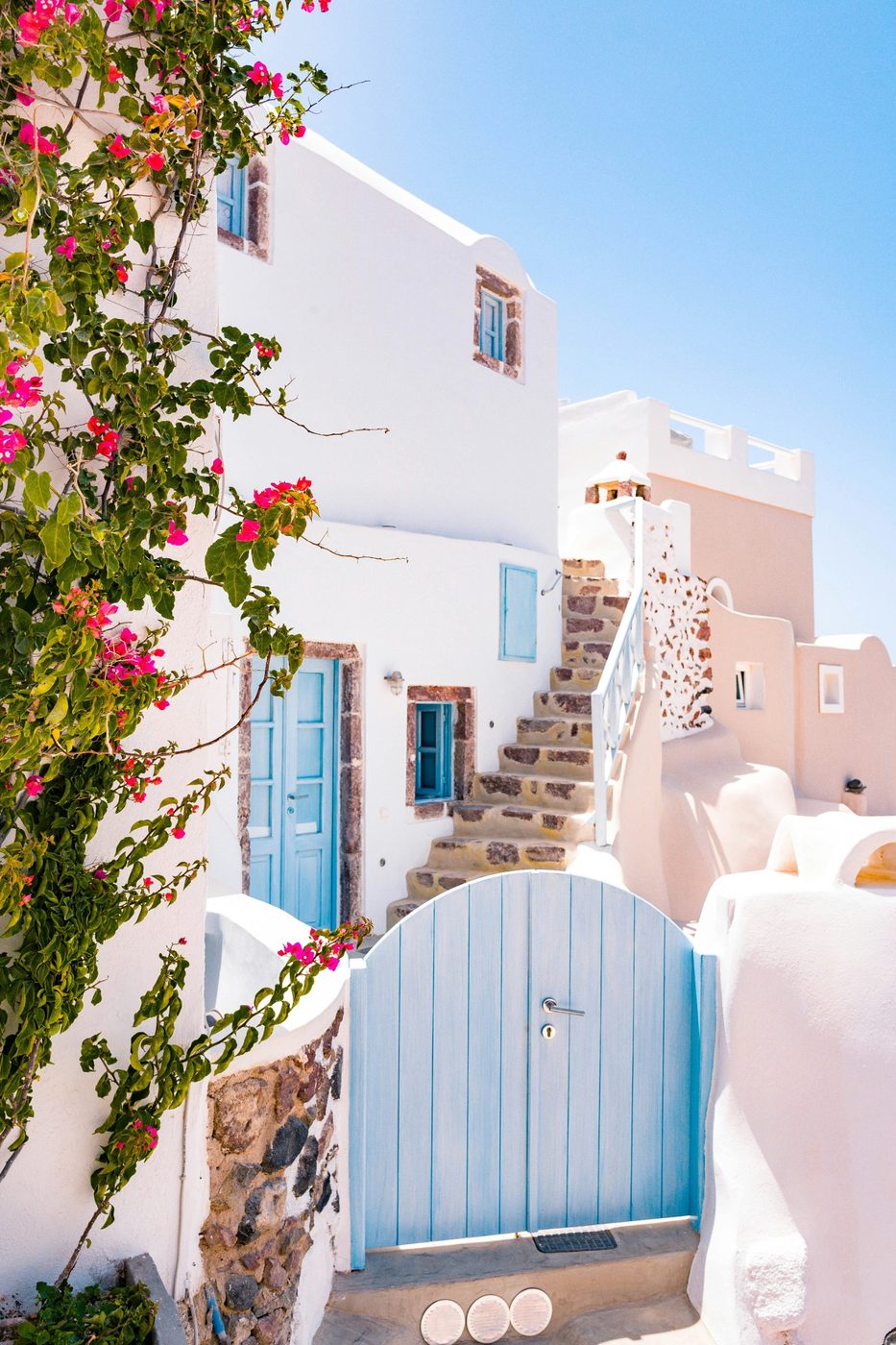 Blue gate and whitewashed steps, Santorini
